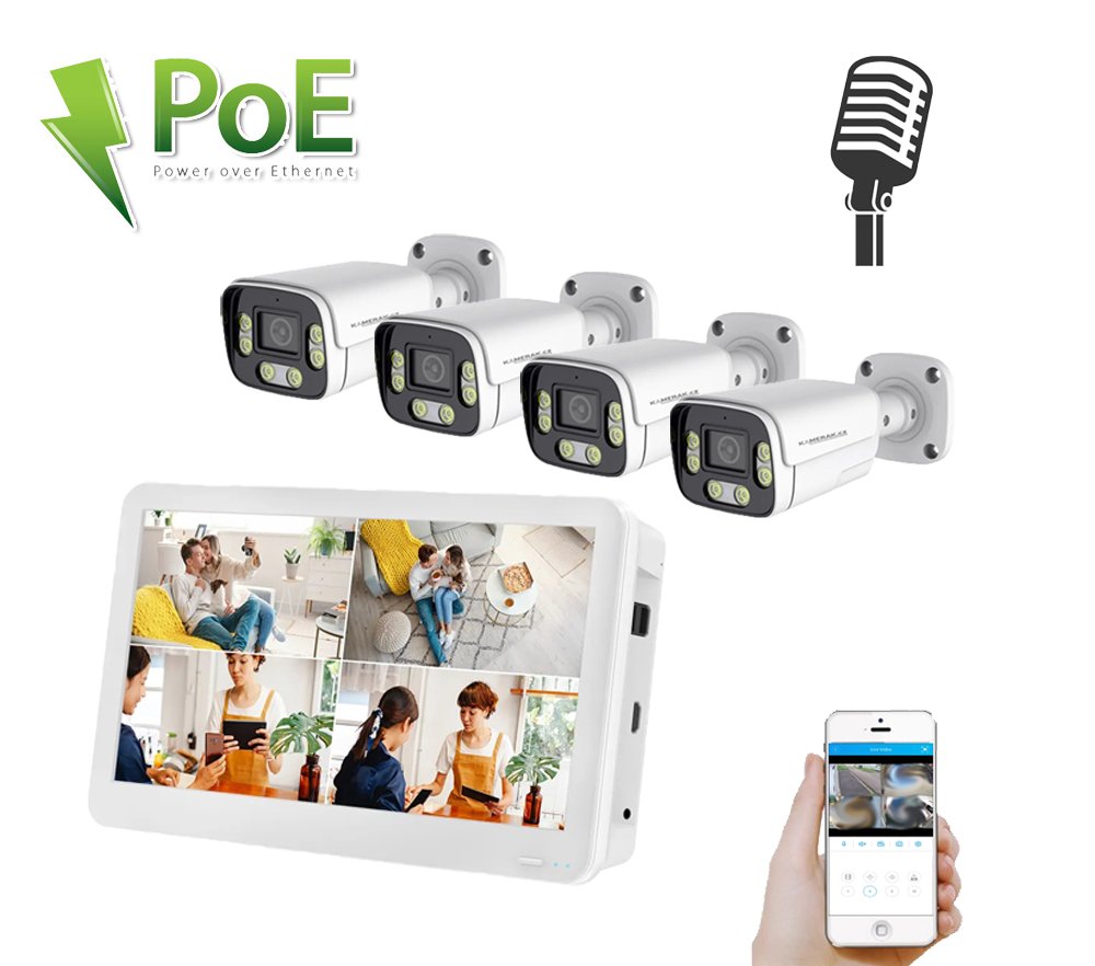 PoE IP 4 kamerový set XM-456B 4MPx s LCD 12", CZ menu