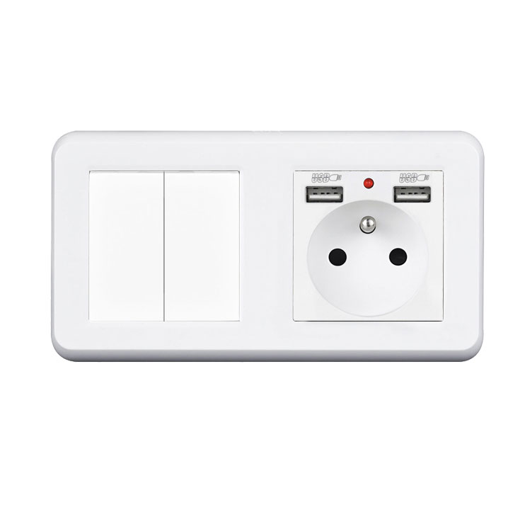 UNIC Elektrick zsuvka (230V+2xUSB 5V/2,1A) + dvojvypna lustrov sriov .5 v rmeku 153mm, plast bl