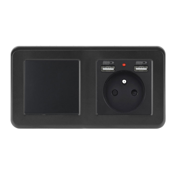 UNIC Elektrick zsuvka (230V+2xUSB 5V/2,1A) + vypna jednoplov .1 v rmeku 153mm, plast ern