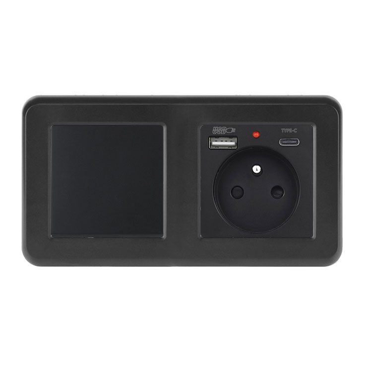 UNIC Elektrick zsuvka (230V+USB+USBc 5V) + vypna jednoplov .1 v rmeku 153mm, plast ern