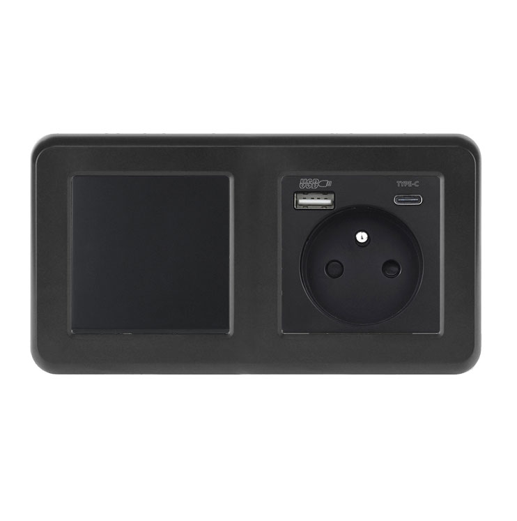 UNIC Elektrick zsuvka (230V+USB+USBc 5V Rychl nabjen) + vypna jednoplov .1 v rmeku 153mm, plast ern