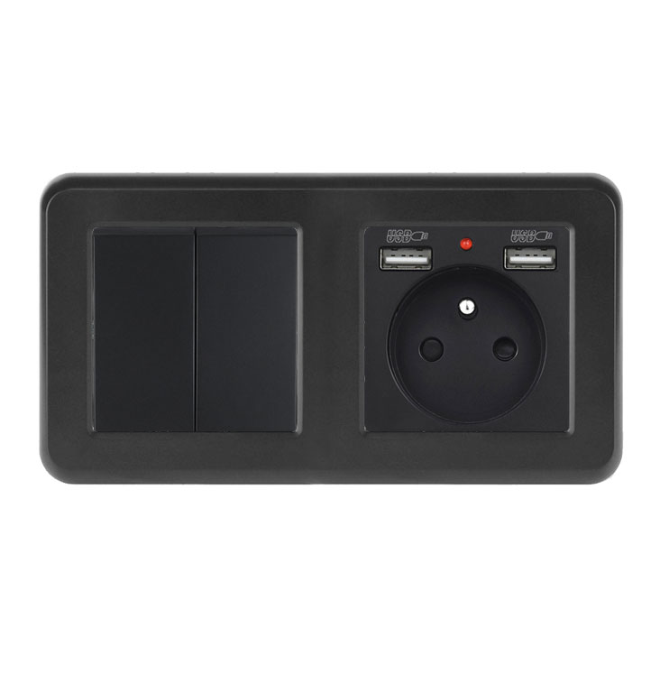 UNIC Elektrick zsuvka (230V+2xUSB 5V/2,1A) + dvojvypna lustrov sriov .5 v rmeku 153mm, plast ern