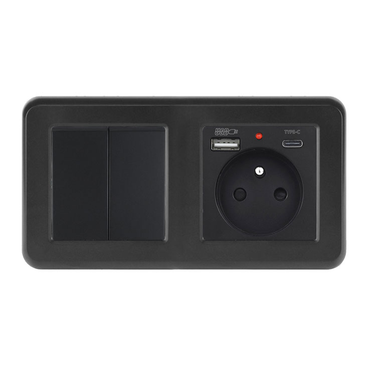 UNIC Elektrick zsuvka (230V+USB+USBc 5V) + dvojvypna lustrov sriov .5 v rmeku 153mm, plast ern