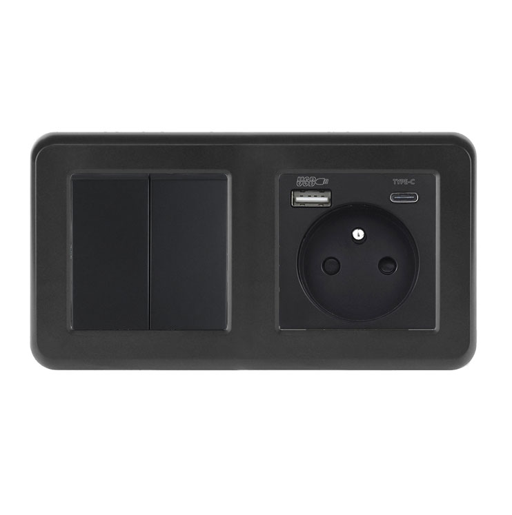UNIC Elektrick zsuvka (230V+USB+USBc 5V Rychl nabjen) + dvojvypna lustrov sriov .5 v rmeku 153mm, plast ern