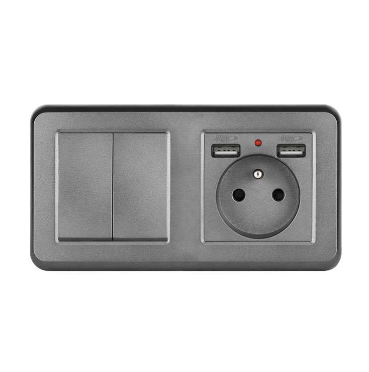 UNIC Elektrick zsuvka (230V+2xUSB 5V/2,1A) + dvojvypna lustrov sriov .5 v rmeku 153mm, plast ed