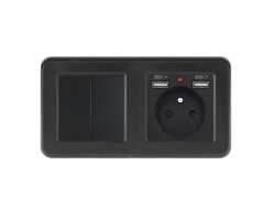 UNIC Elektrick zsuvka (230V+2xUSB 5V/2,1A) + dvojvypna lustrov sriov .5 v rmeku 153mm, plast ern - 307 K