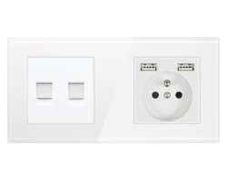 SRAN  Dvojn�sobn� sklen�n� r�me�ek v�etn� z�suvky 230V+2xUSB 5V/2,1A + modul MDN2RJ45 2xRJ45 v b�l� barv� - 258 K�