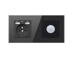 RAN zsuvka 230v + 2xUSB5V + PIR vypna se sklennm dvojrmekem dvojrmekem sklo ernm - 230 K