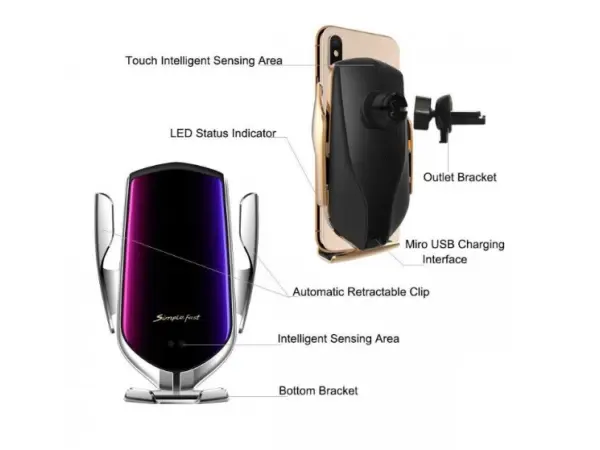 samootviraci bezdratova qi nabijecka / drzak do auta s automatickym uchopenim telefonu r1  silver