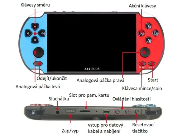 prenosna herni konzole x12plus 7.0 lcd, 16gb, modrocervena