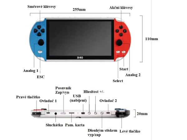 prenosna herni konzole x40 7.0 lcd, 16gb, modrocervena