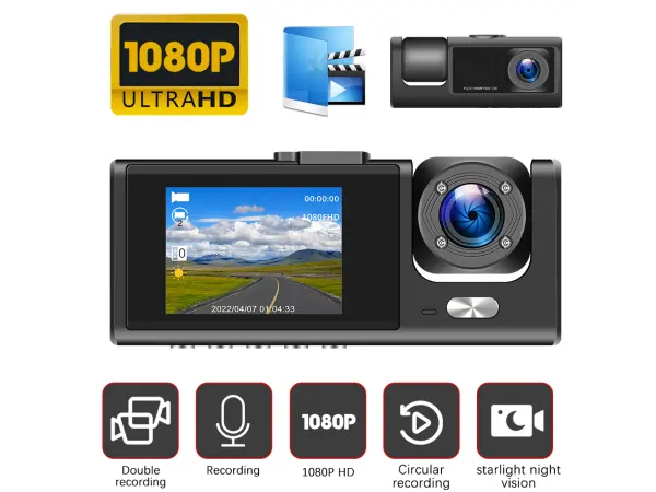 dvr 2" lcd kamera w7747 do auta s dvojitym objektivem black box dash cam hd 1080p 