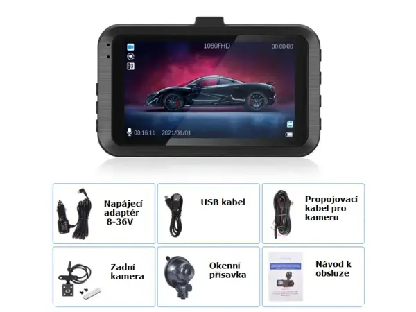 predni kamera w8132a do auta dvr 3" lcd, full hd + couvaci kamera