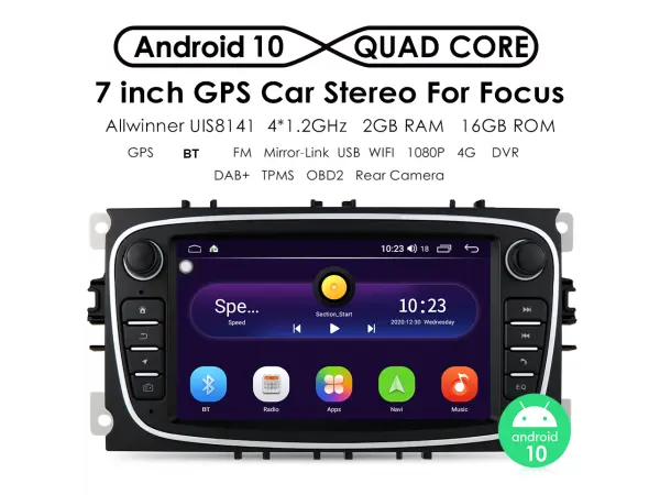 autoradio 7" q3196kt android 10, 2gb+16gb s bt gps wifi pro ford focus mondeo c-max