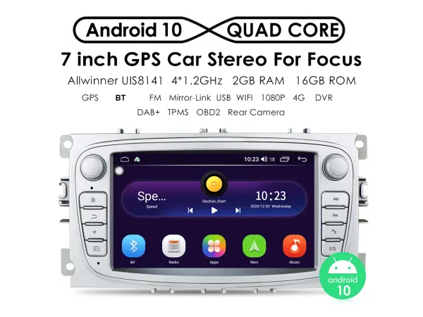 autoradio 7" q3209kt android 10, 2gb+32gb s bt gps wifi pro ford focus mondeo c-max