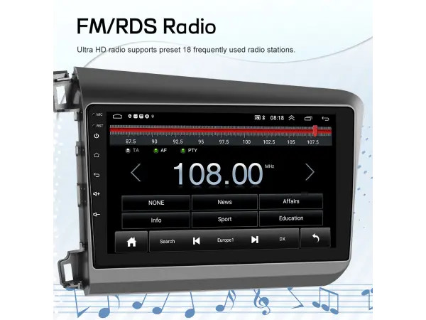 autoradio 9" q3602 android 10.1, podpora bt gps wifi pro honda civic 2012-2015