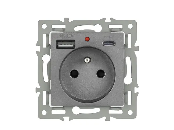 unic elektricka zasuvka 2x230v+usb+usb c 5v/2,1a plast seda v ramecku 153mm