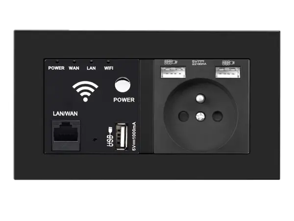sran zasuvka wifi socket + zasuvka 230v+2xusb  5v/2,1a v ramecku, plast cerny