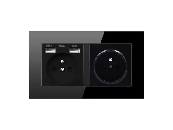 sran elektricka zasuvka 2x230v+2xusb 5v/2.1a v ramecku 147mm , cerna sklo