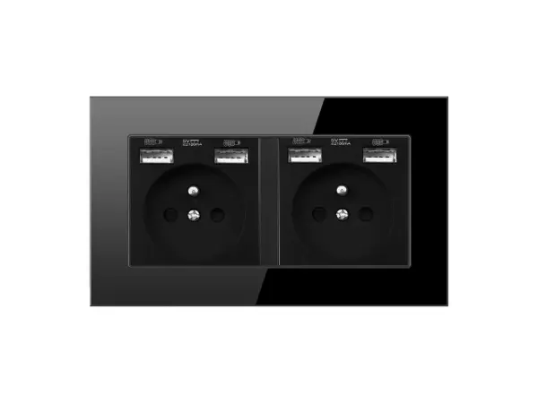 sran elektricka zasuvka 2x230v+4xusb 5v/2.1a v ramecku 147mm , cerna sklo