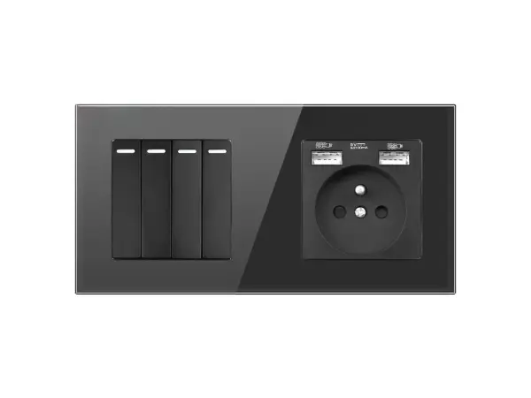 sran elektricka zasuvka 230v+2*usb + 4vypinac v ramecku, sklo cerny