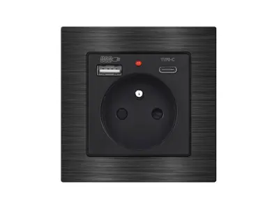 UNIC Elektrick� z�suvka 230V+USB+USB C 5V/2,1A  �ern� v r�me�ku 82mm, slitina hlin�ku