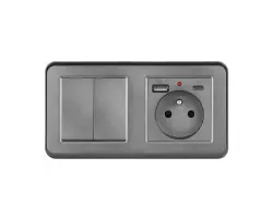 UNIC Elektrick� z�suvka (230V+USB+USBc 5V) + dvojvyp�na� lustrov� s�riov� �.5 v r�me�ku 153mm, plast �ed� - 309 K�