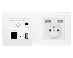 SRAN Wifi repeater + modul z�suvka 230V+2xUSB  5V/2,1A v r�me�ku, sklo b�l�  - 718 K�