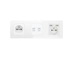 SRAN Trojn�sobn� sklen�n� r�me�ek v�etn� modul� 230V+230V s 2*USB 5V a z�suvky 2xRJ45 v r�me�ku 258mm, sklo b�l� - 328 K�