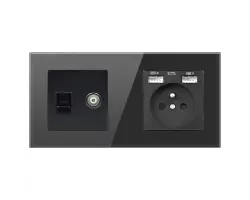 SRAN Elektrick� z�suvka 230V+2*USB + RJ45+TV v r�me�ku 147mm, �ern� sklo - 236 K�